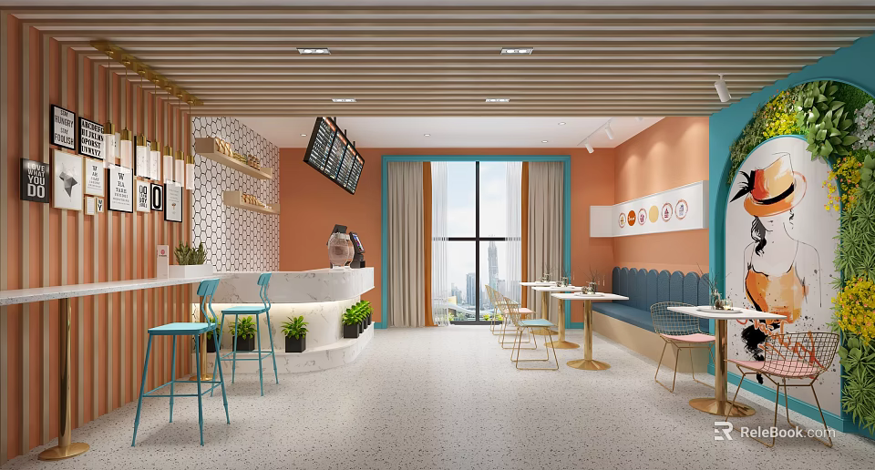 Modern Bubble Tea Shop Interior With Cozy Seating Bar Counter And City View Windows 3d model 