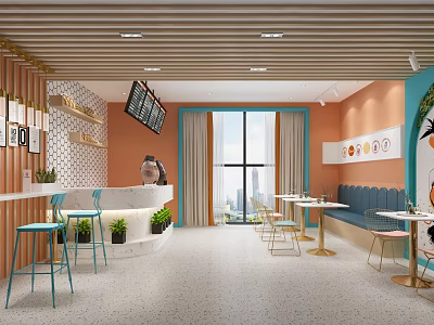 Modern Bubble Tea Shop Interior With Cozy Seating Bar Counter And City View Windows 3d model