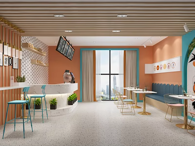 Modern Bubble Tea Shop Interior With Cozy Seating Bar Counter And City View Windows 3d model