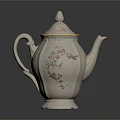 White Ceramic Teapot With Pink Floral Patterns And Gold Trim On Dark Background