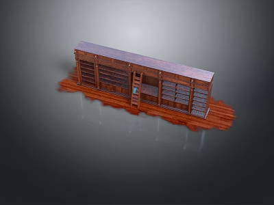 Wooden Bookcase With Multiple Spacious Shelves And Ladder On Wooden Floor 3d model