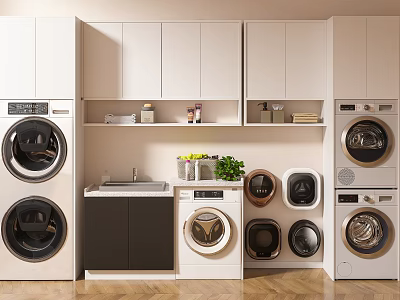 Modern Bathroom Vanity Cabinet With Sink Faucet Storage Shelves And Potted Plant 3d model