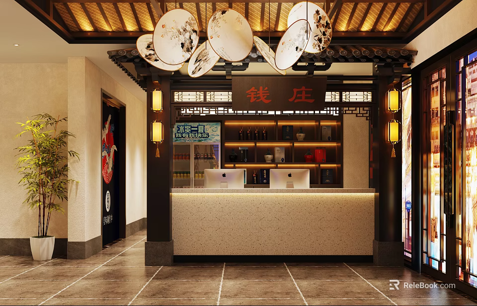 Chinese Style Hot Pot Restaurant Reception Area Decoration 3d model
