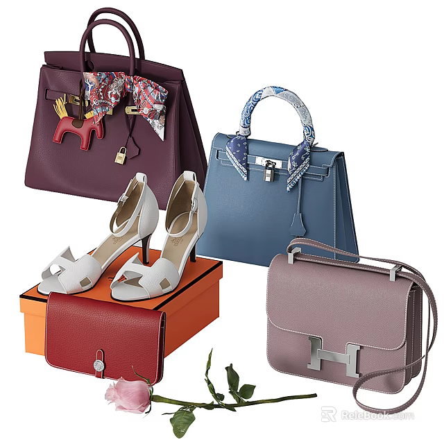 Elegant Purple Blue Gray Fashion Bags With Silk Scarf High Heels And Orange Box 3d model 