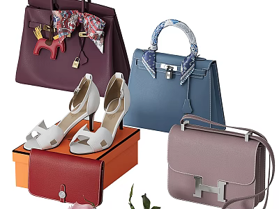 Elegant Purple Blue Gray Fashion Bags With Silk Scarf High Heels And Orange Box 3d model
