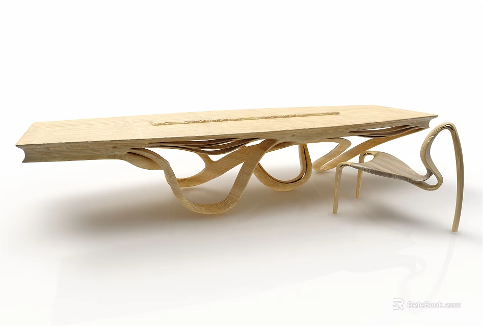 Modern Wooden Dining Table With Artistic Curved Legs And Unique Base Structure Design 3d model 