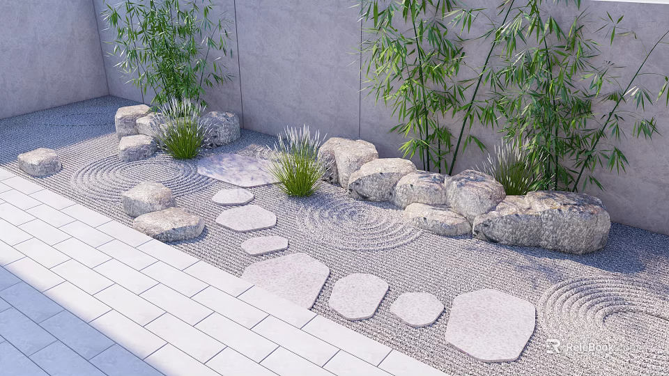 Garden Decor With Stone Path Rock Arrangement Bamboo Plants Sand Patterns And Concrete Wall 3d model 