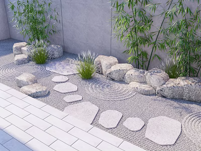 Garden Decor With Stone Path Rock Arrangement Bamboo Plants Sand Patterns And Concrete Wall 3d model