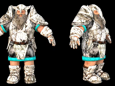 Mythical Dwarf Warrior Character in Silver Metallic Armor with Blue Trim and Beard 3d model