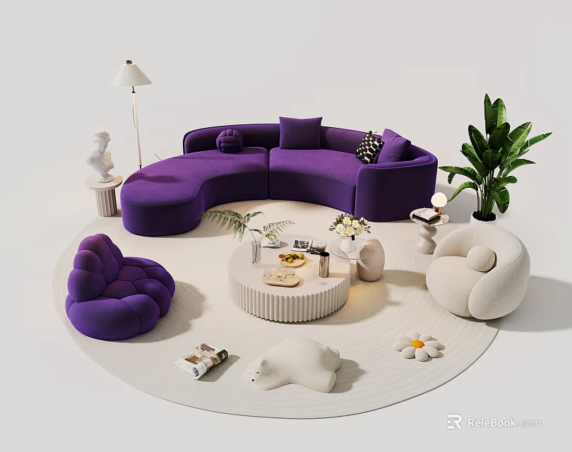 Curved Purple Sofa and Round Coffee Table Set with Armchair Plant and Decorative Items 3d model 
