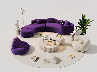 Curved Purple Sofa and Round Coffee Table Set with Armchair Plant and Decorative Items 3d model