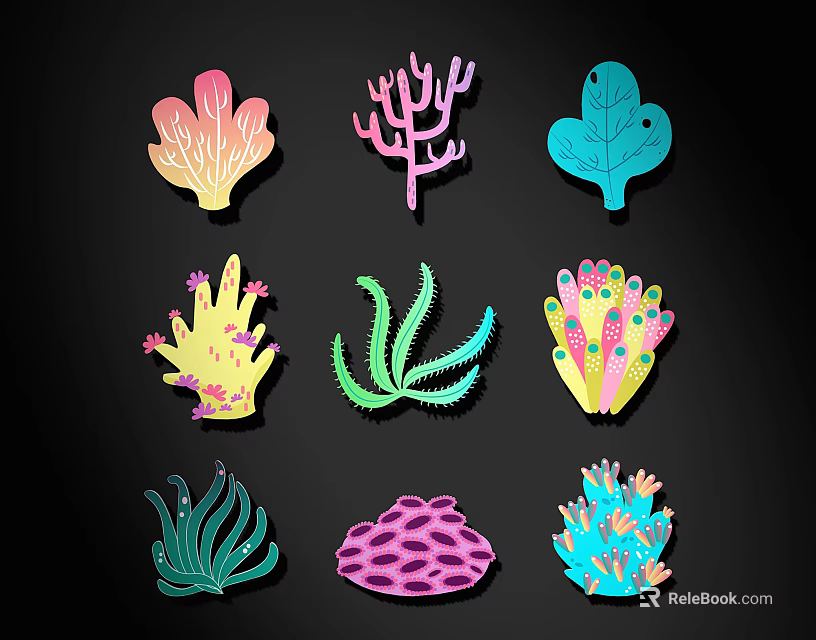 Colorful Hand Drawn Marine Themed Wall Decor with Coral Seagrass and Tropical Patterns 3d model 