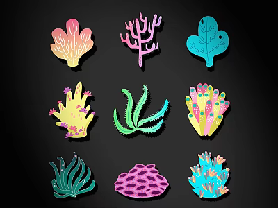 Colorful Hand Drawn Marine Themed Wall Decor with Coral Seagrass and Tropical Patterns 3d model