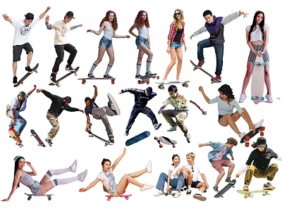 Group of Skateboarders Performing Tricks with Various Poses and Styles 3d model
