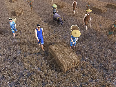 Farm Workers And Oxen Working In Agricultural Field With Straw Bales 3d model