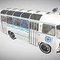 Retro Ambulatory Bus Featuring Medical Cross Symbol And Blue White Exterior Design