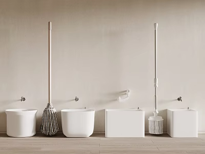 Modern Bathroom Space Featuring Cleaning Tools And White Sanitary Fixtures 3d model
