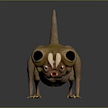 3D Yellow Pink Lizard Creature With Big Eyes Open Mouth Long Tail On Black Reflective Floor