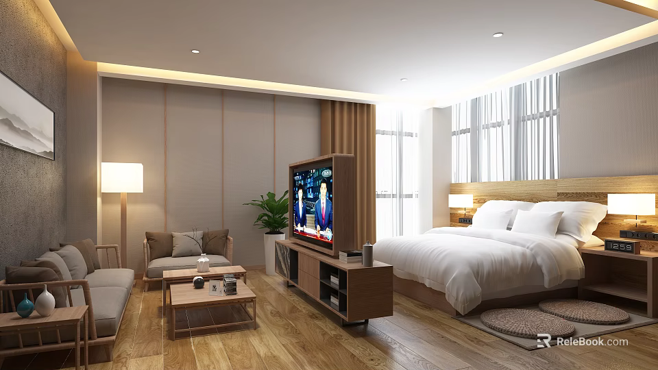 Modern Hotel Room Interior With Comfortable Bed Sofa TV And Wooden Floor 3d model 