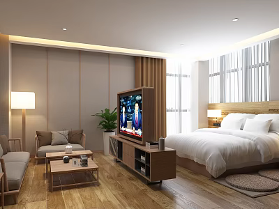 Modern Hotel Room Interior With Comfortable Bed Sofa TV And Wooden Floor 3d model