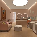 Pink Themed Baby Care Room With Round Mirrors Cartoon Decor And Changing Station