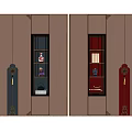 Chinese Style Bookcase with Decorative Metal Hardware Glass Doors and Red Blue Display Shelves