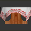 Round Table With White Tablecloth Red Geometric Pattern Embroidery And Wooden Base 3d model