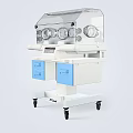 Medical Incubator With Transparent Hood Circular Access Ports And Blue Drawers On Wheelbase Cart