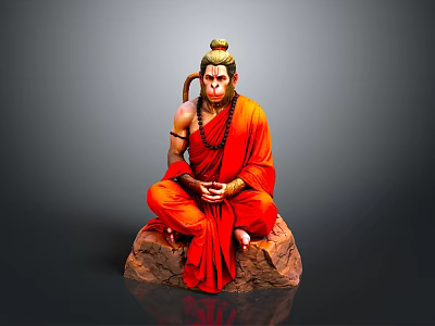 Detailed Seated Figure Sculpture With Orange Robe Topknot And Stone Base 3d model