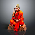 Detailed Seated Figure Sculpture With Orange Robe Topknot And Stone Base