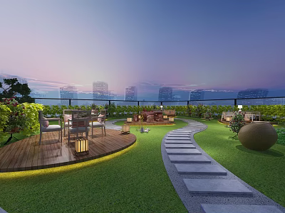 Rooftop Terrace Garden With Wooden Deck Lawn Stone Path Tables Chairs And City Skyline 3d model