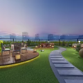 Rooftop Terrace Garden With Wooden Deck Lawn Stone Path Tables Chairs And City Skyline