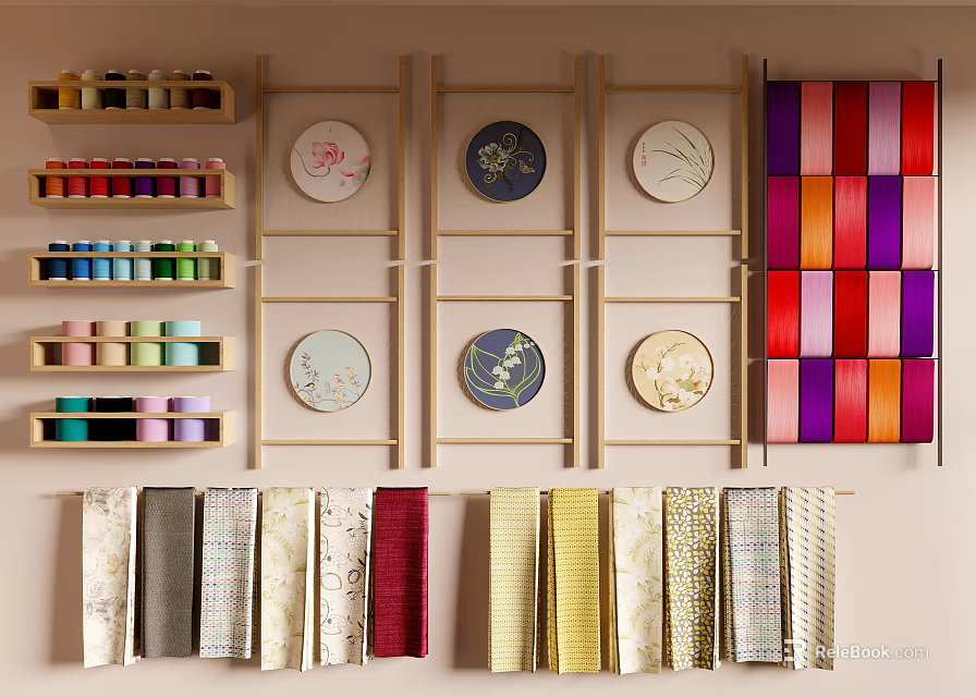Craft Room Wall With Circular Decorative Plates Colorful Thread Spools And Hanging Fabrics 3d model 
