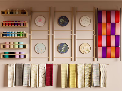 Craft Room Wall With Circular Decorative Plates Colorful Thread Spools And Hanging Fabrics 3d model