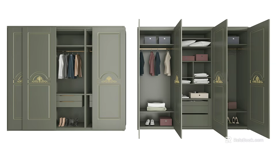 Elegant Green Wardrobe With Golden Accents Hanging Area Drawers And Storage Compartments 3d model 
