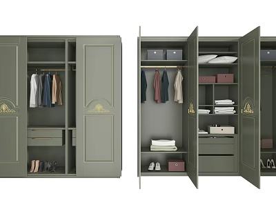 Elegant Green Wardrobe With Golden Accents Hanging Area Drawers And Storage Compartments 3d model