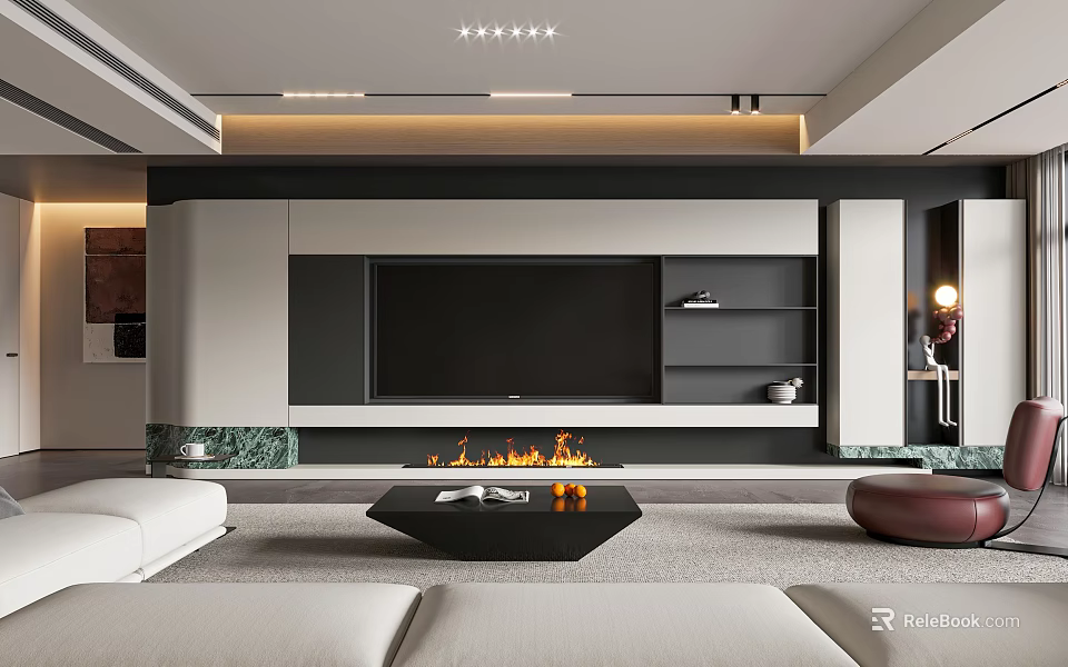Modern Living Room Interior Design With TV Wall Fireplace White Sofa And Black Coffee Table 3d model 