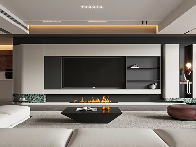 Modern Living Room Interior Design With TV Wall Fireplace White Sofa And Black Coffee Table 3d model