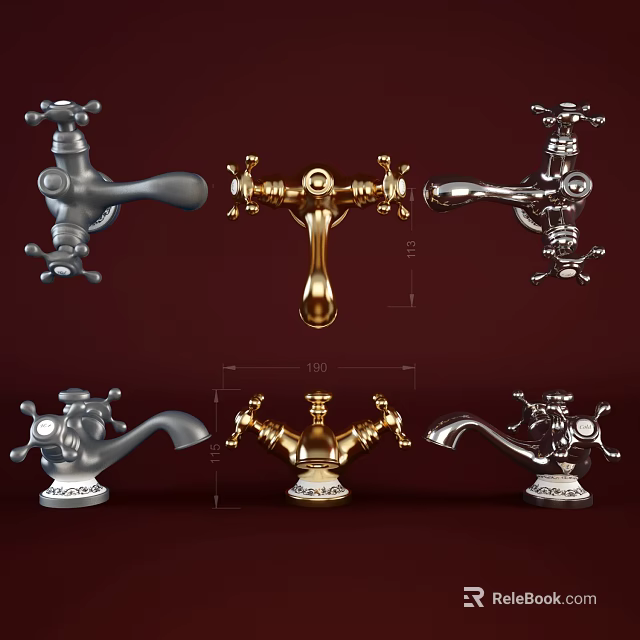 Assorted Faucets With Vintage And Modern Styles Metallic Finishes And Ornate Designs 3d model 