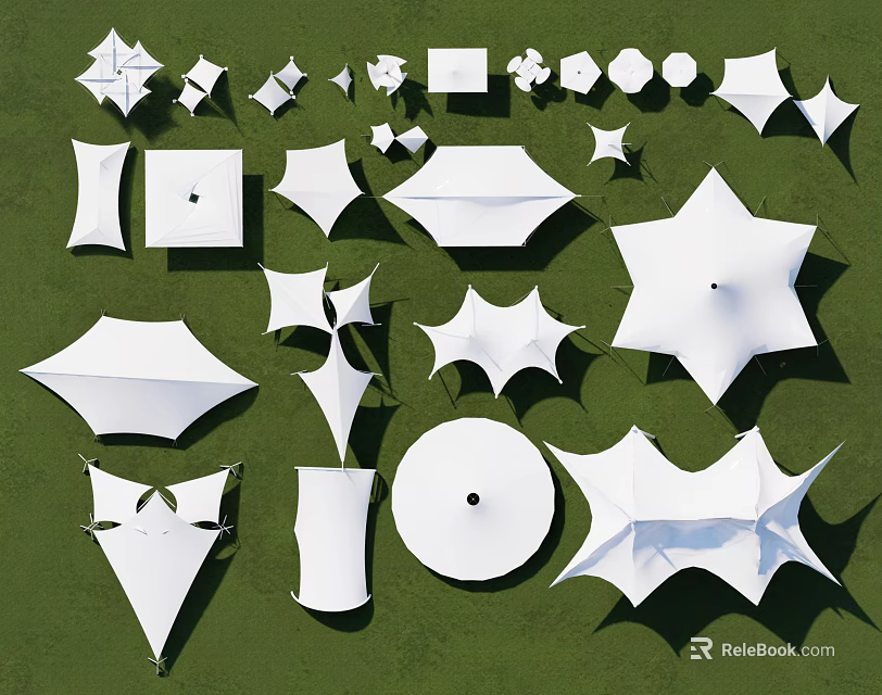Tensile Membrane Structures Featuring Various White Geometric Shapes And Designs Displayed 3d model