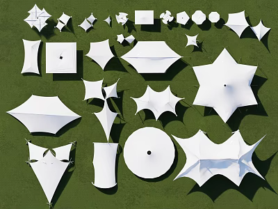 Tensile Membrane Structures Featuring Various White Geometric Shapes And Designs Displayed 3d model
