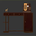 Vintage Brown Desk Setup With Radio Table Lamp Cards Drawers And Shelves