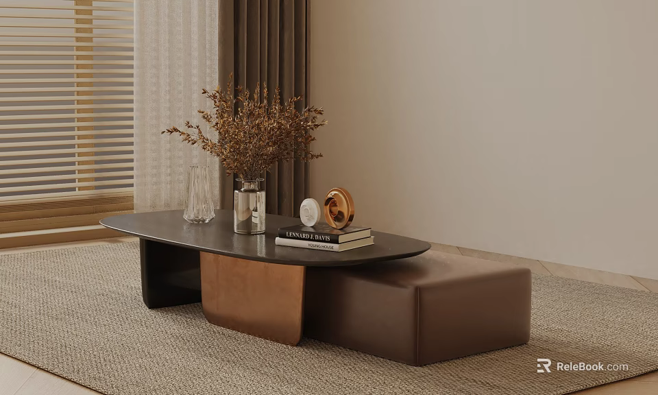 Modern Sofa Coffee Table Combination With Black Top Copper Base Brown Upholstery And Decor Items 3d model