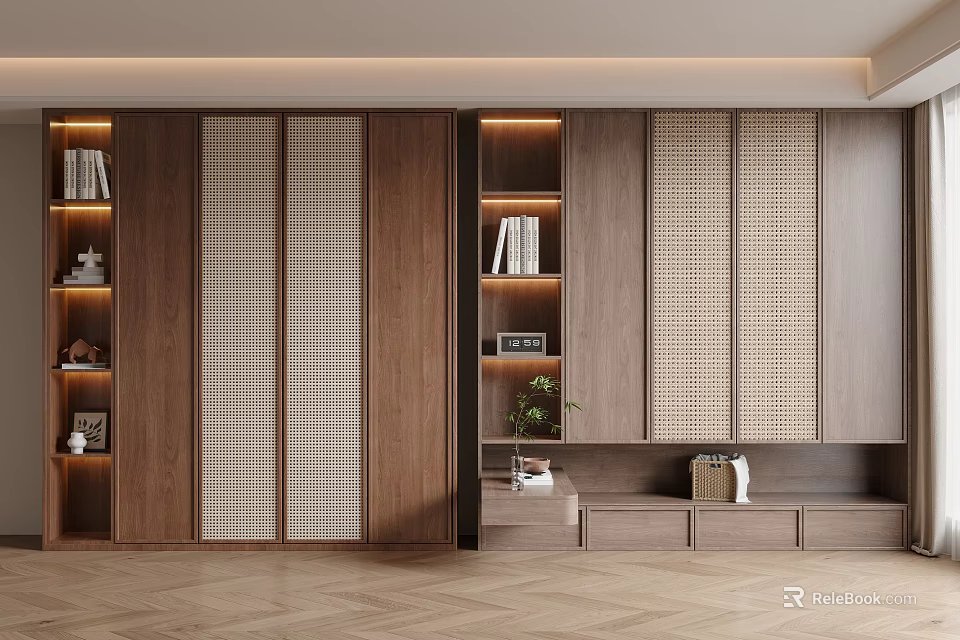 Modern Wooden Wardrobe With Lattice Doors LED Lights And Storage Shelves Design 3d model 
