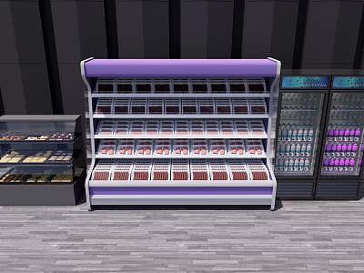 Multi Tier Retail Display Shelf In Purple White Design With Refrigerated Showcases 3d model