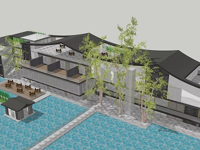 Modern Swimming Pool Facility With Large Pool Surrounding Trees And Seating Areas 3d model