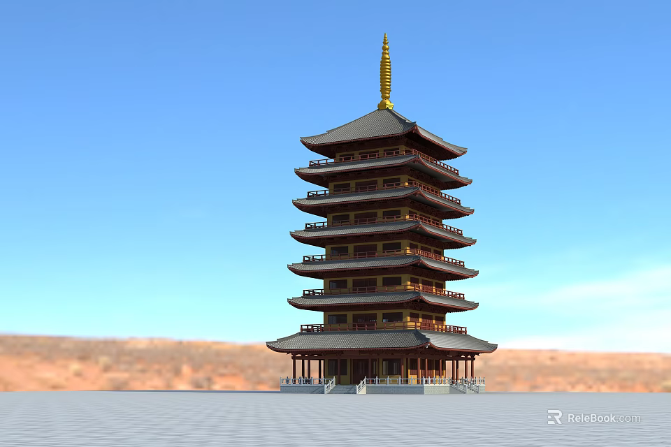 Traditional Multi Story Pagoda With Golden Spire Classic Eaves Against Blue Sky And Distant Mountains 3d model 