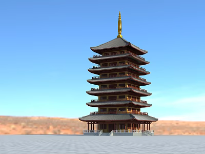 Traditional Multi Story Pagoda With Golden Spire Classic Eaves Against Blue Sky And Distant Mountains 3d model