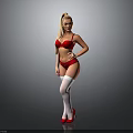 Woman Posing In Red Lingerie White Thigh High Stockings Red High Heels On Gray Background