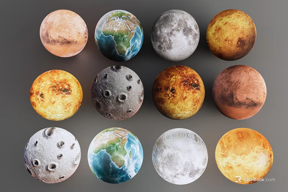 Twelve Different Celestial Planet Globe Models Featuring Earth Moon and Mars 3d model 